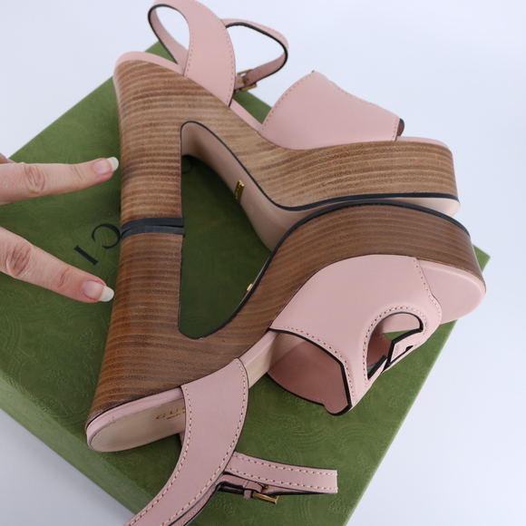 Gucci 37.5 Interlocking GG 110mm Logo Nude Pink Sandals Heels E798 - Picture 15 of 15